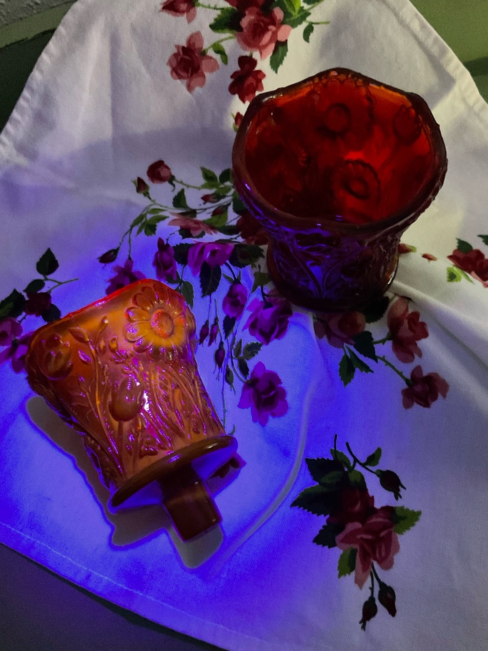 GLOWS Vintage  Red Amberina Peg Votive Holder Textured floral pattern